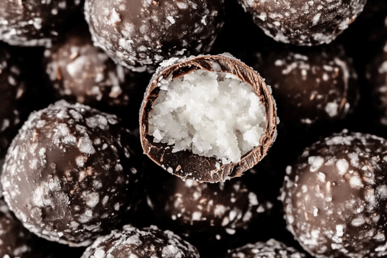 Deléitate con estas bolitas de coco y chocolate, perfectas para cualquier momento dulce.