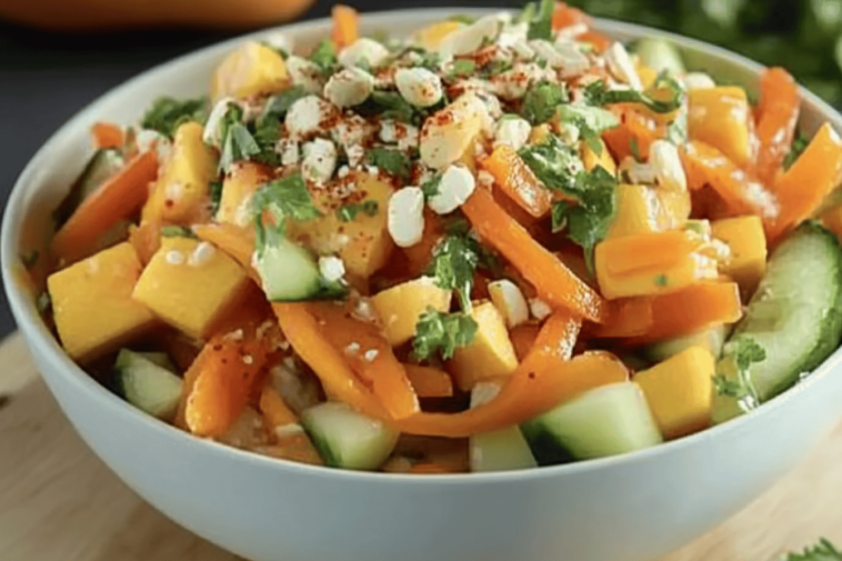 Disfruta de una deliciosa ensalada fresca con un toque picante y tropical.