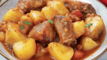 Disfruta de un plato tradicional con el sabor irresistible de las costillas y las patatas al horno.