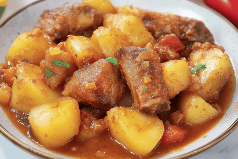 Disfruta de un plato tradicional con el sabor irresistible de las costillas y las patatas al horno.