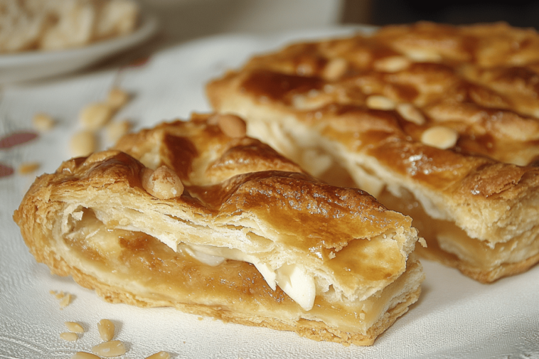 Disfruta de esta deliciosa coca de hojaldre con cabello de ángel. ¡Ideal para cualquier ocasión! 🍰✨