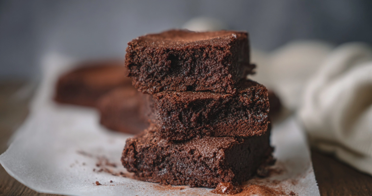 Brownie de chocolate recién horneado con helado y nueces, servido en un plato blanco.